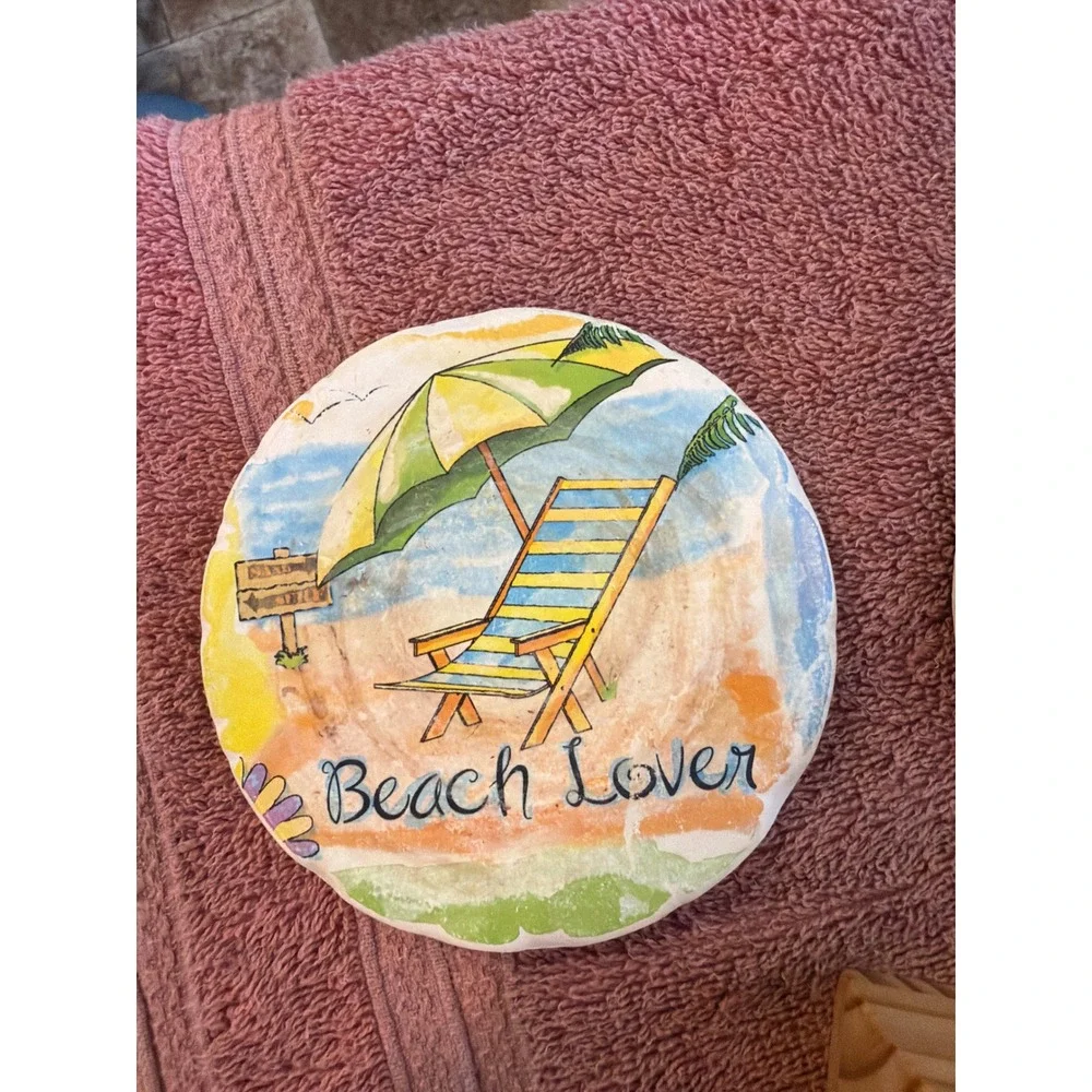 Set of 5 Tropical‎ Beach Absorbent Stone Coasters with Wood Holder Multicolor